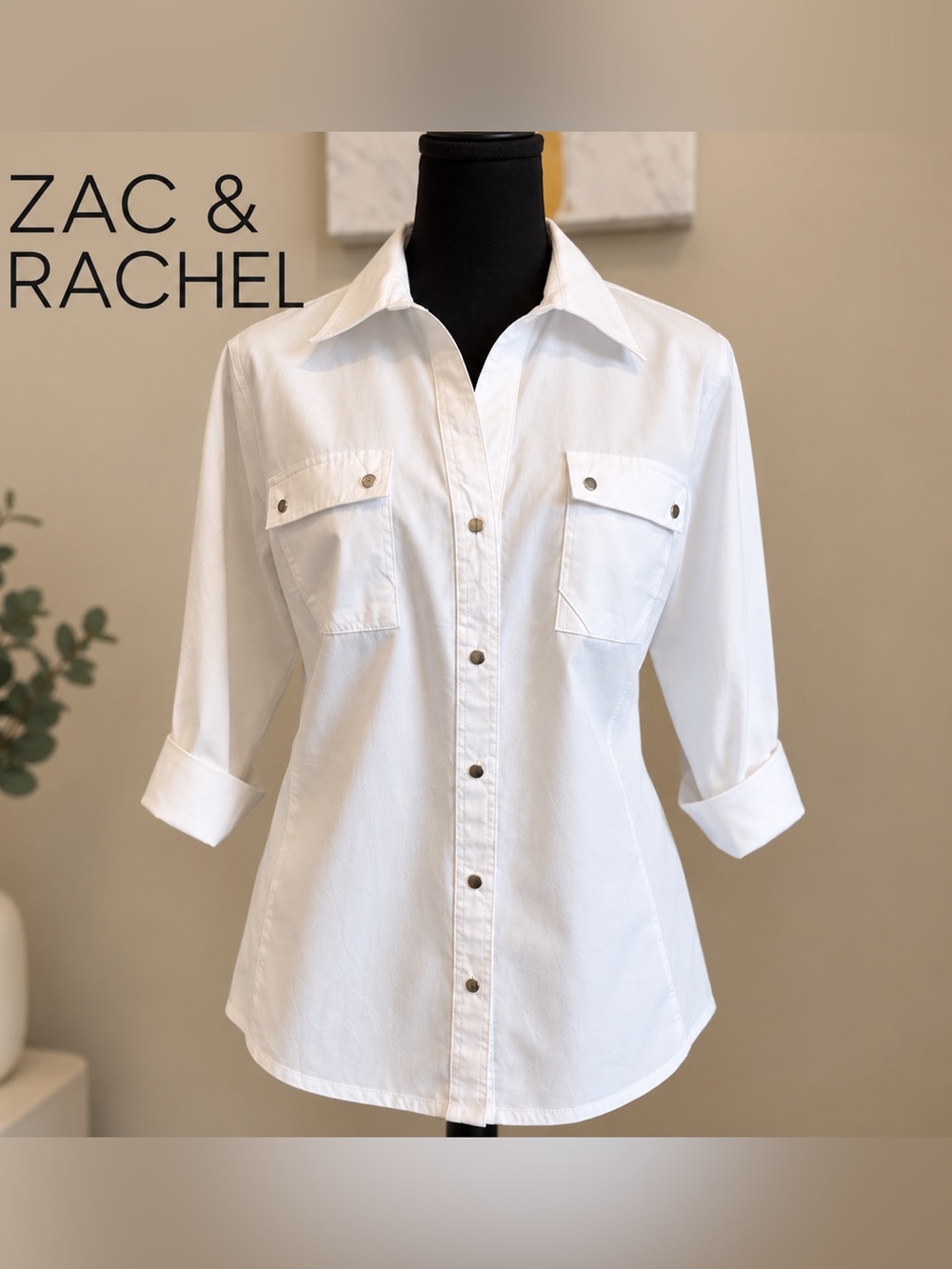 Zac & Rachel White Button Down Stretch Shirt Blouse Size L~ NWOT